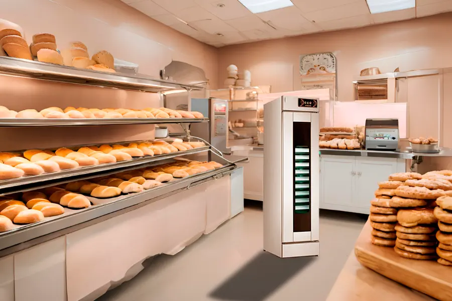 Cocina de panadería mostrando una de las herramientas esenciales para panaderos llamada fermentadora