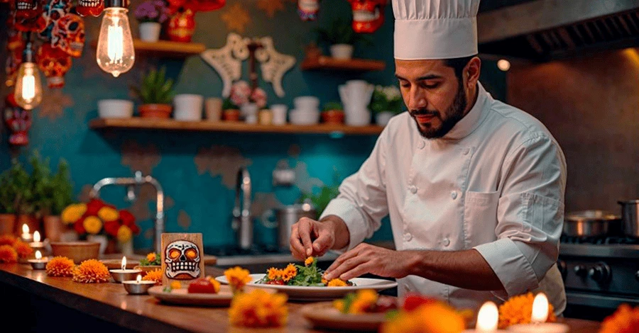 Chef preparando un menú temático para el día muertos en una cocina decorada para la ocasión