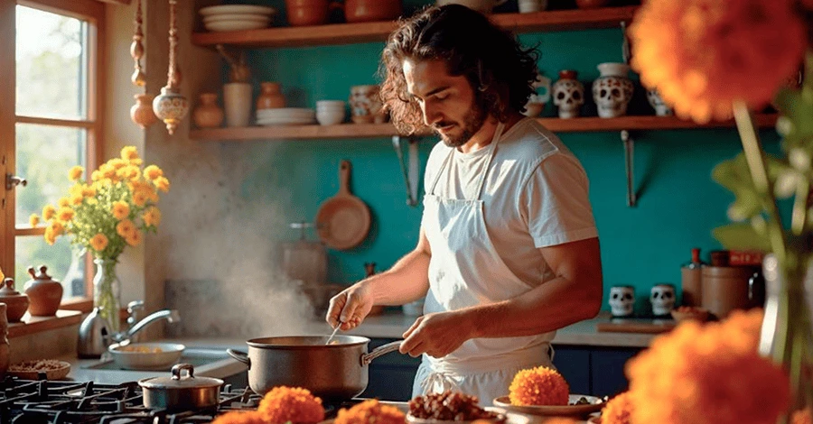 Cocinero preparando un mole por las festividades de día de muertos en una cocina adornada para el día de muertos
