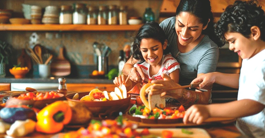 Familia latina preparando platillos en su cocina para el día de la raza