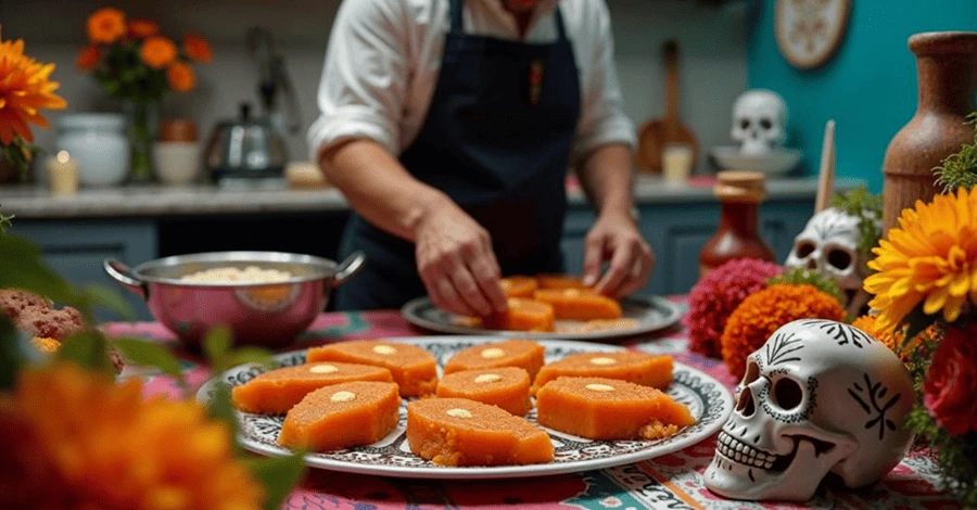 Cocinero preparando dulce de camote para colocarlo en una ofrenda de altar de muertos en una cocina