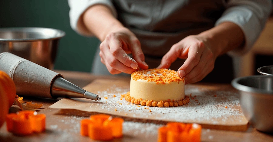 Hombre haciendo decoraciones a un postre con una manga pastelera en el día del pavo