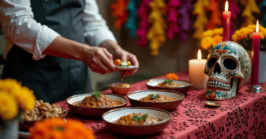 Mujer chef colocando platillos como ofrendas en un altar de muertos