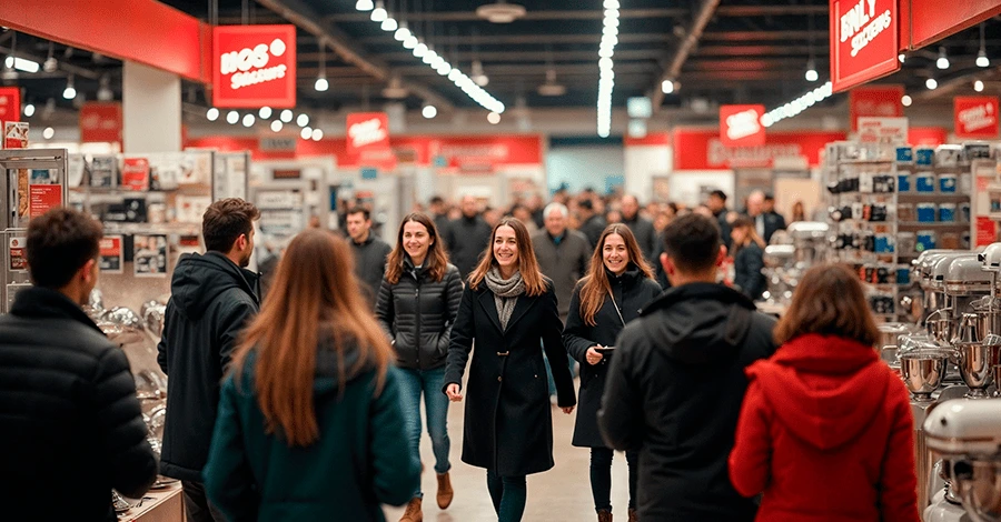 Personas dentro de una tienda de venta de equipamiento de cocinas con muchas ofertas en invierno
