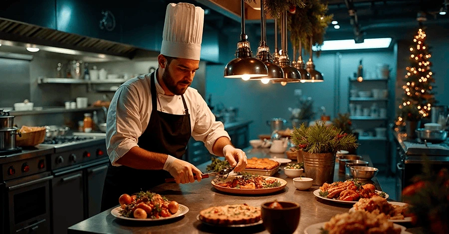 Chef preparando platillos navideños en una cocina industrial con una iluminación fría y decoraciones navideñas