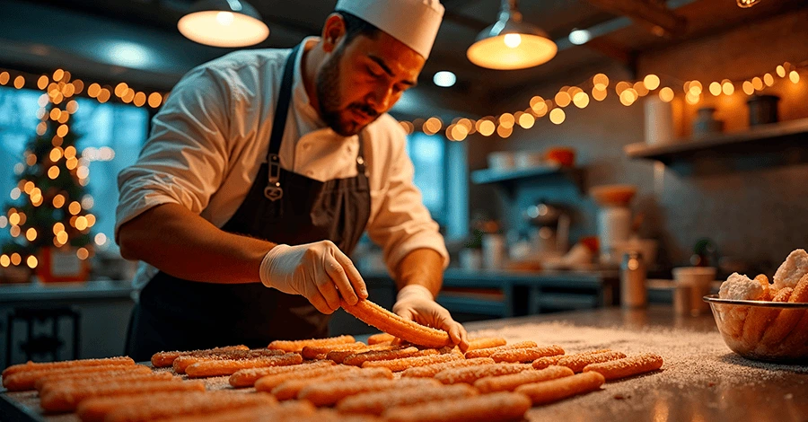 Cocinero mexicano acomodando los churros que preparó en una cocina industrial decorada para navidad
