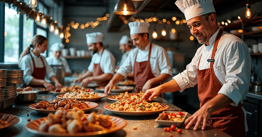 Conjunto de chefs felices preparando alimentos para nochebuena en una cocina industrial con decoraciones navideñas