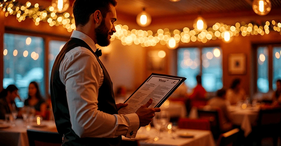 Mesero sosteniendo un menú navideño en un restaurante decorado para fiestas decembrinas