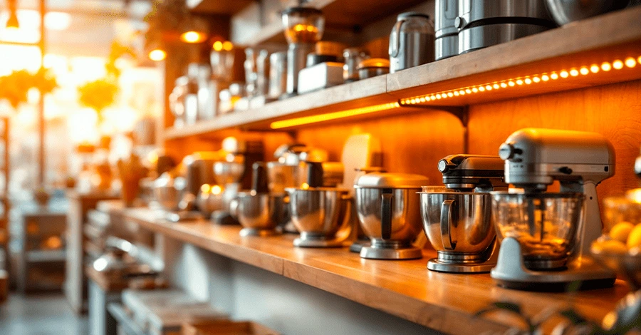 Tienda de equipos gastronómicos en con iluminación cálida mostrando equipos gastronómicos en tendencia
