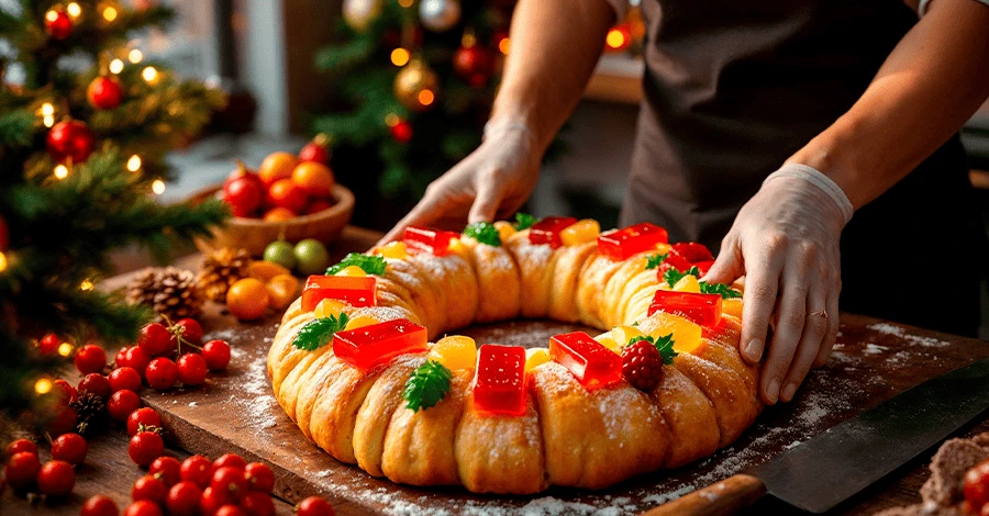 Panadero preparando una deliciosa rosca de reyes utilizando los mejores utensilios de cocina