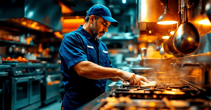 Persona realizando mantenimiento preventivo a algunos equipos de cocina en un restaurante
