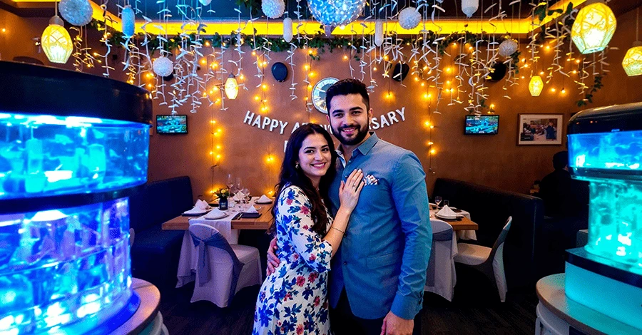 Restaurante celebrando el aniversario de una pareja, con adornos, iluminación decorativa con luces led y máquinas de hielo