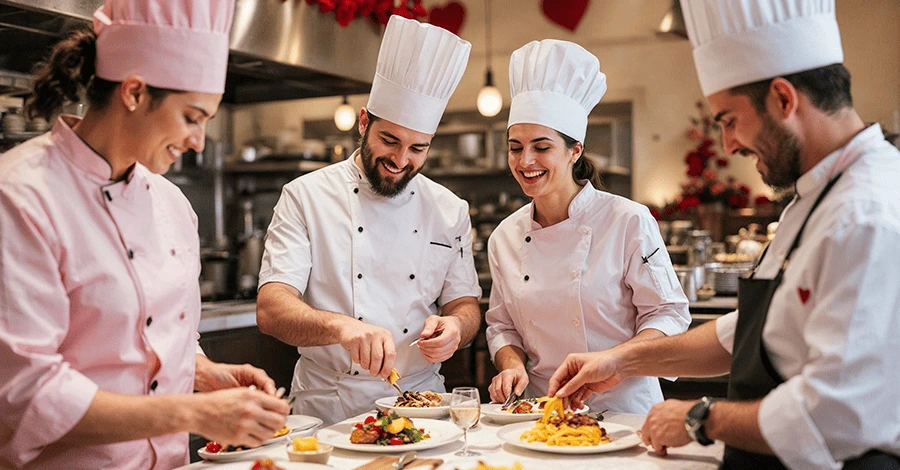 Cocineros en un restaurante ofreciendo menus especiales para el día del amor y la amistad