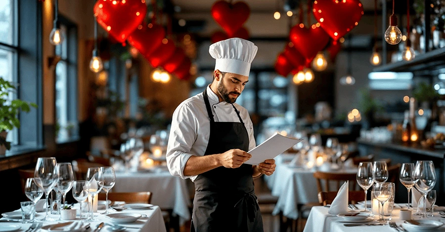 Chef de Restaurante organizando a su equipo de trabajo para optimizar la el flujo de trabajo que tendrá en su restaurante por SanValentín. El Restaurante está decorado para Celebrar San Valentín