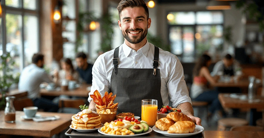 Un mesero de cafetería amable y profesional presenta una selección de deliciosos platillos de desayuno. Viste un uniforme limpio y elegante, con una sonrisa cálida y una postura acogedora. Sostiene una bandeja o señala una mesa con una variedad de opciones, incluyendo panqueques esponjosos con jarabe, tocino crujiente, huevos revueltos, tostadas con aguacate, tazones de frutas frescas, croissants, tostadas francesas y tazas humeantes de café o té. El ambiente de la cafetería es moderno y acogedor, con mesas de madera, iluminación suave y clientes disfrutando de su desayuno en el fondo.