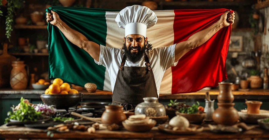 Un chef abrazando con mucho amor una bandera mexicana, mientras se ve una mesa con algunos utensilios de cocina como molcajete de piedra volcánica, presa para tortillas, comales de hierro y ollas de barro