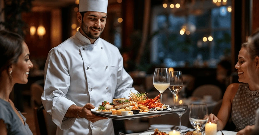 Chef elegante sirviendo mariscos gourmet a comensales en un lujoso restaurante con ambiente sofisticado.