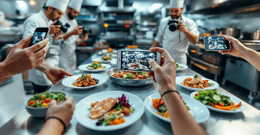 Chefs fotografiando platillos de Cuaresma en una cocina industrial.