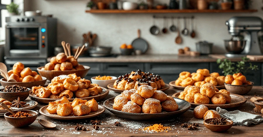Mesa rústica con dulces tradicionales de Cuaresma, con equipos de cocina profesional en el fondo.