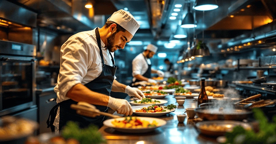 Chef en acción en una cocina profesional con equipos industriales, transmitiendo rapidez y eficiencia.