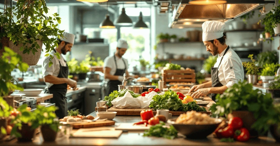 Cocina profesional sostenible con chefs trabajando, electrodomésticos eficientes y prácticas ecológicas.