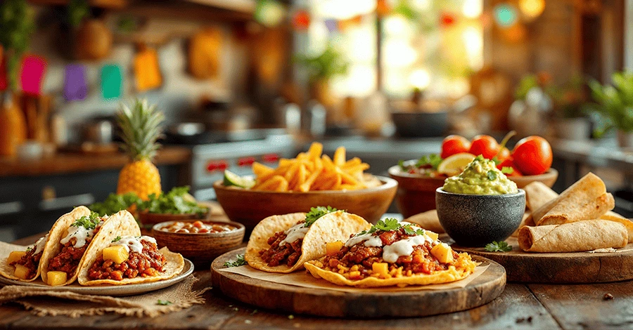 Mesa rústica con platillos mexicanos tradicionales y utensilios profesionales en una cocina semi-industrial con detalles festivos.