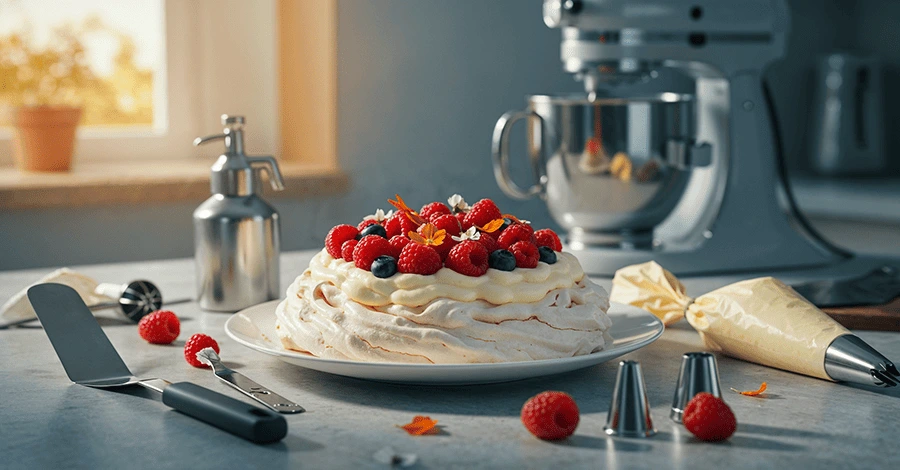 Pavlova con frutos rojos y flores comestibles sobre mesa elegante, rodeada de utensilios de repostería profesional.