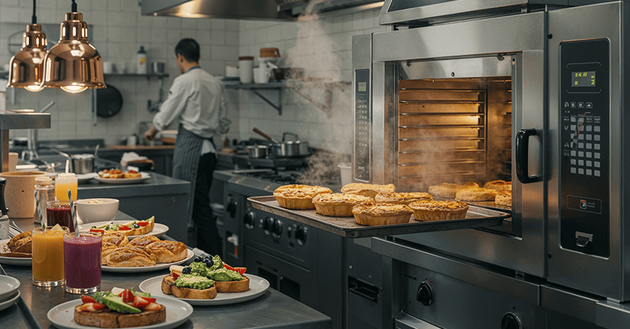 Cocina profesional durante un brunch, con horno abierto mostrando quiches y bollería, y platos emplatados listos para servir.