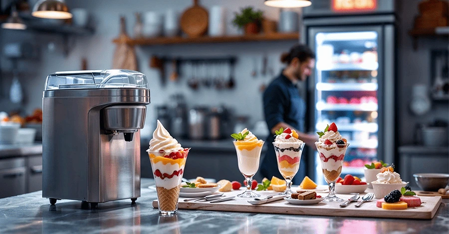 Máquina de helado profesional sirviendo cono en cocina moderna, con postres fríos y vitrina congeladora al fondo.