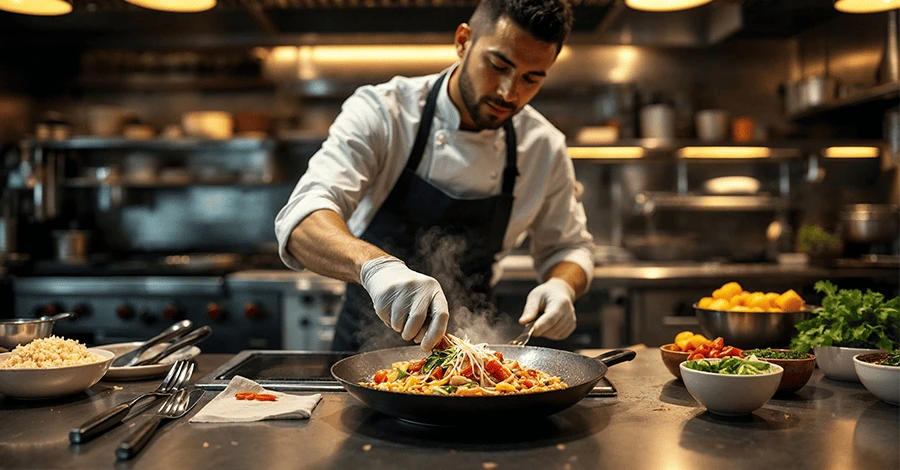 Cocina profesional con chef preparando platillo fusión, rodeado de equipos modernos como plancha teppanyaki y horno de convección.