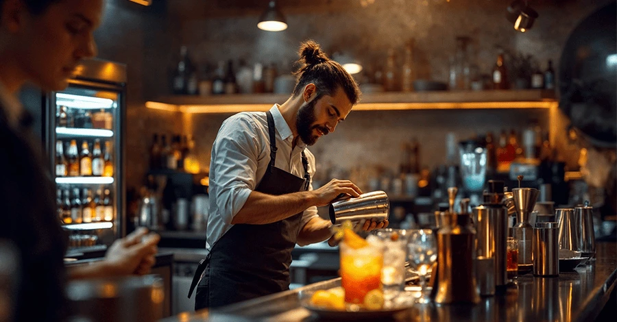 Bar moderno con bartender preparando cóctel, enfriador de cervezas y estación de coctelería profesional al fondo.