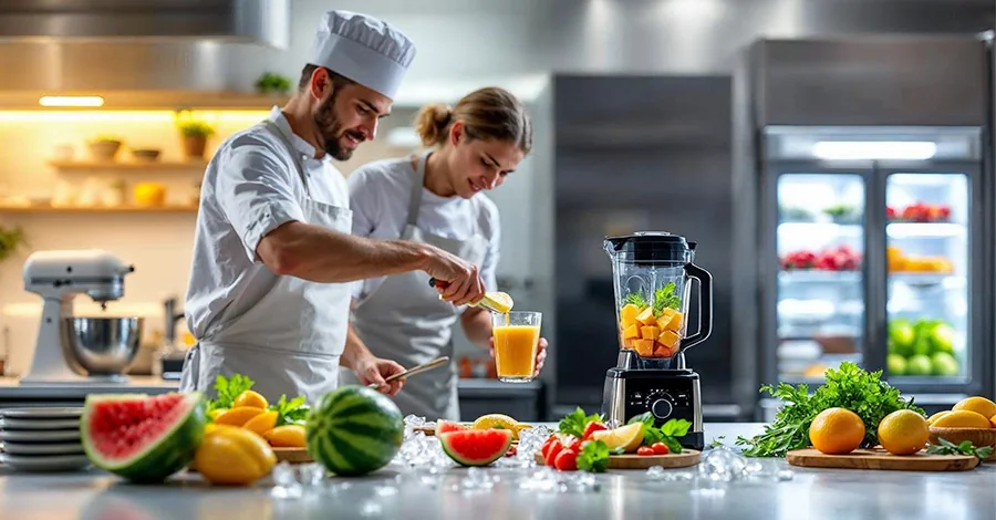 Chef preparando un smoothie en cocina profesional con licuadora industrial y frutas frescas de verano alrededor.