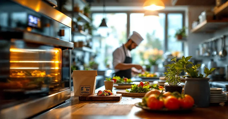 Cocina profesional moderna con horno eficiente, utensilios ecológicos, reciclaje organizado y chef preparando comida fresca en un entorno sustentable.