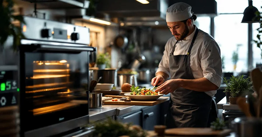 Cocina profesional sustentable con horno de convección encendido, chef sirviendo platillo fresco, contenedores de reciclaje y utensilios reutilizables en escena ordenada.