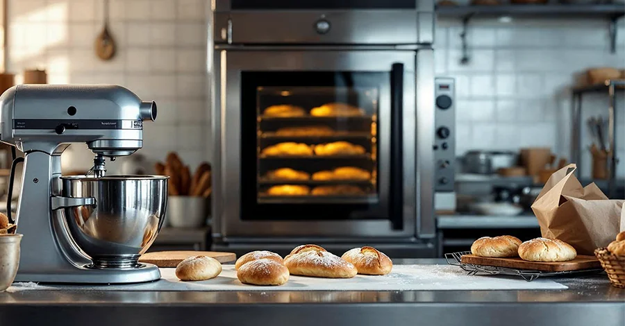 Mesa de trabajo en panadería profesional con horno encendido al fondo, ciabattas y empanadas recién hechas al frente, y equipos industriales en reposo. Escena cálida y organizada que refleja producción artesanal.