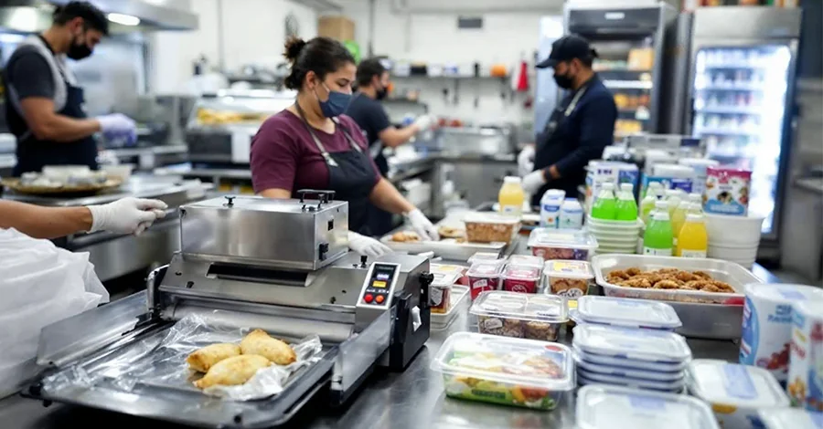 Cocina profesional con selladora automática en uso, empaques para llevar organizados, vitrinas calientes con alimentos y refrigerador de bebidas. Personal empacando pedidos con guantes y etiquetas visibles.