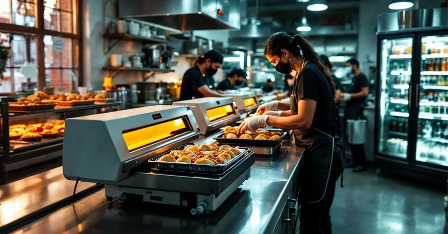 Cocina profesional con selladora automática sellando comida caliente, empaques térmicos listos y personal empacando pedidos con guantes. Ambiente ordenado y moderno, ideal para servicio para llevar.