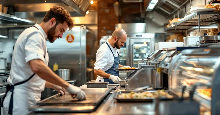 Cocina profesional durante temporada alta con chef en plancha y horno de convección en uso. Freidora y vitrina refrigerada al fondo, con elementos turísticos como carta multilingüe o mochilas visibles. Ambientes dinámico y ordenado.