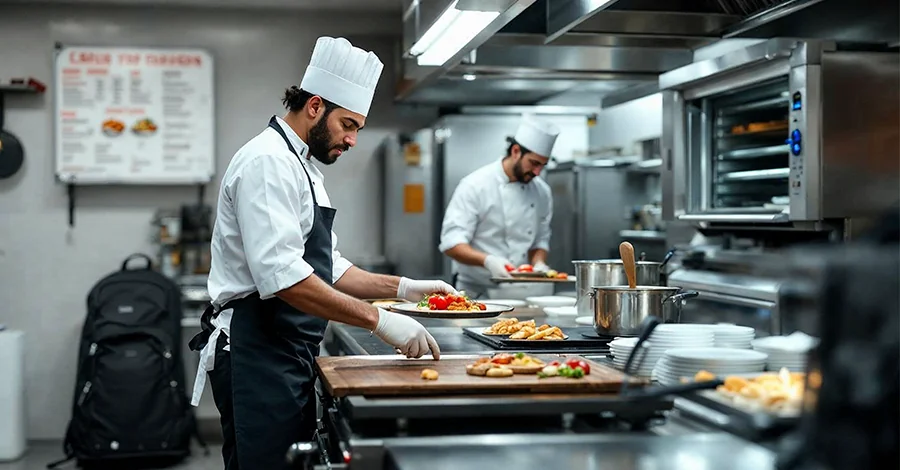 Cocina profesional activa en temporada alta, con chefs trabajando en plancha y horno de convección, y elementos que sugieren turismo como mochilas y carta en varios idiomas.