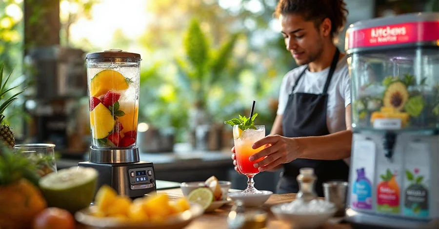 Barra profesional de cocina en verano con licuadora, granizadora y aguas frescas tropicales, transmitiendo frescura y dinamismo visual.