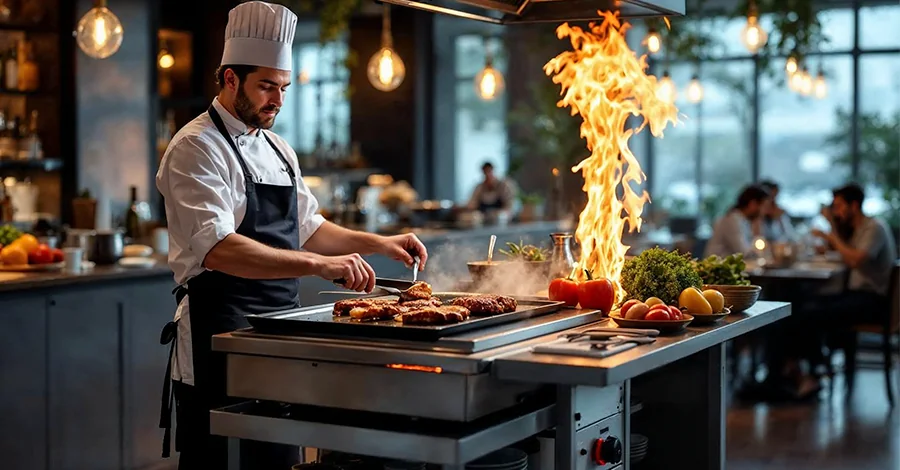 Cocina abierta en restaurante moderno con chef flameando ingredientes en una plancha eléctrica frente a comensales, vegetales frescos y luces cálidas de fondo. La escena transmite dinamismo, limpieza y experiencia culinaria en vivo.