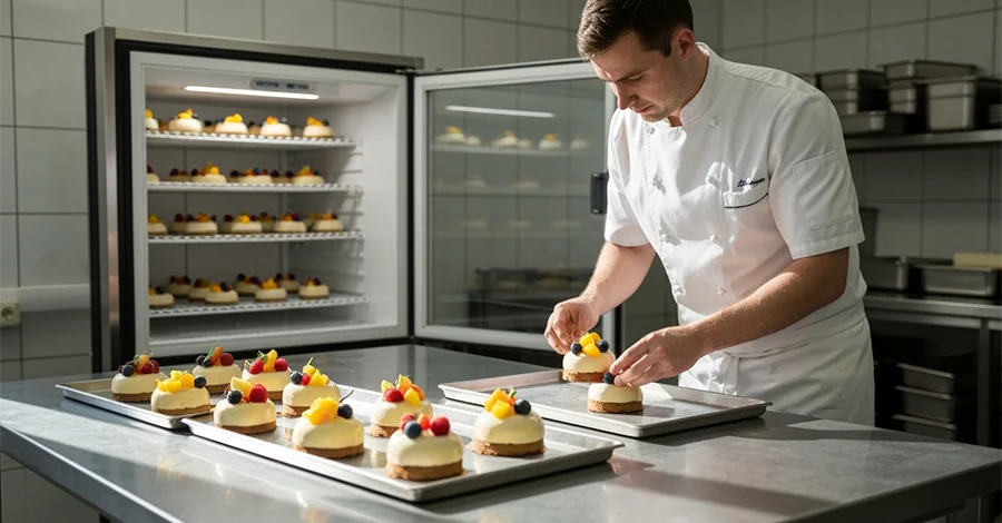 Chef colocando un postre frío sobre una charola en una cocina profesional iluminada por luz natural, con una vitrina refrigerada abierta al fondo y postres veraniegos listos para servir.