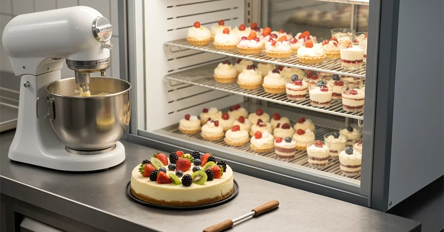 Cheesecake decorado con frutas frescas sobre molde desmontable en cocina profesional, con batidora en uso y vitrina refrigerada con postres fríos al fondo.