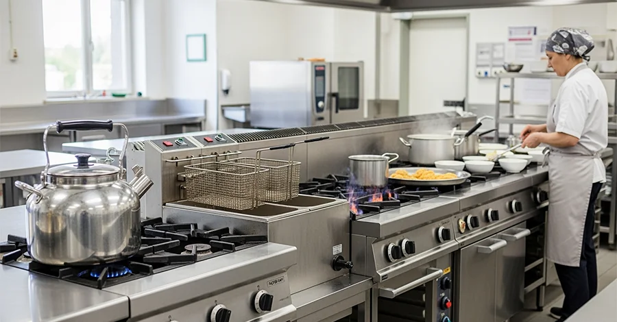 Cocina profesional en cafetería escolar con marmita, freidora y estufa en uso; cocinero con mandil claro trabaja mientras se preparan guisos para el regreso a clases.
