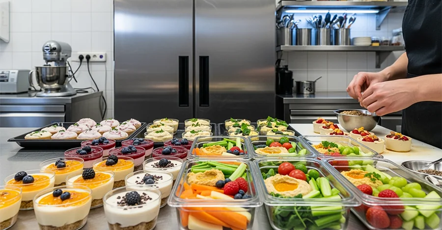 Mesa de trabajo en cocina profesional con postres fríos y snack boxes saludables en envases transparentes, manos de cocinero decorando y refrigerador al fondo.