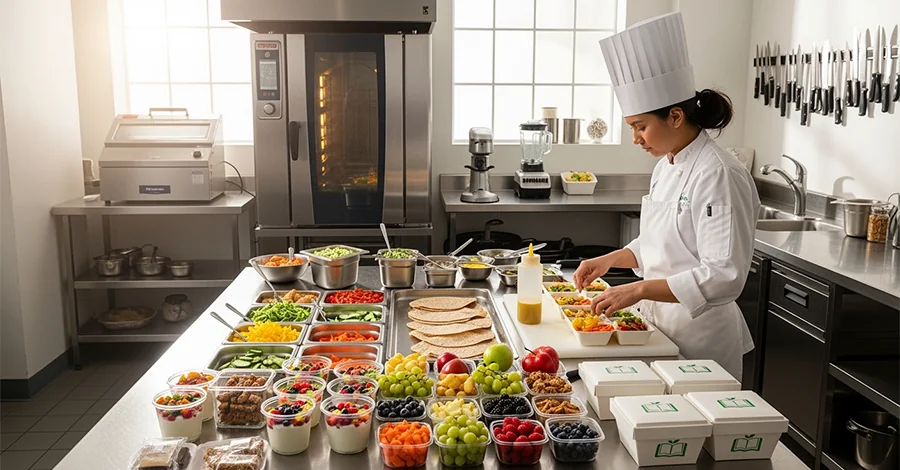 Cocina profesional iluminada con mesa central llena de ingredientes frescos, horno de convección encendido y chef empacando lunches escolares; al fondo, equipos como licuadora industrial y envasadora al vacío en un entorno limpio y ordenado.
