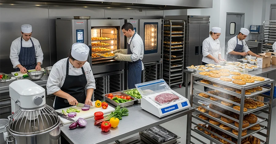 Cocina profesional iluminada con mesa central llena de ingredientes frescos, horno de convección encendido y chef empacando lunches escolares; al fondo, equipos como licuadora industrial y envasadora al vacío en un entorno limpio y ordenado.