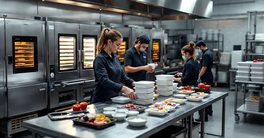 Cocina industrial con horno de convección encendido, personal de catering escolar sellando charolas con alimentos balanceados y termos listos para entrega. Se transmite organización, eficiencia y servicio profesional en acción.