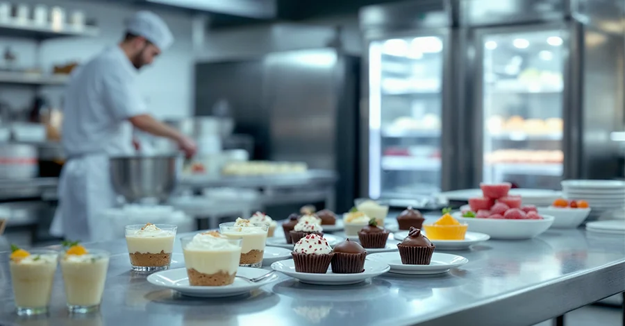Mesa de trabajo en cocina industrial con postres fríos variados listos para venta, batidora de pedestal en uso, vitrina refrigerada con postres exhibidos y refrigerador industrial abierto. Se transmite frescura, orden y eficiencia en temporada alta.