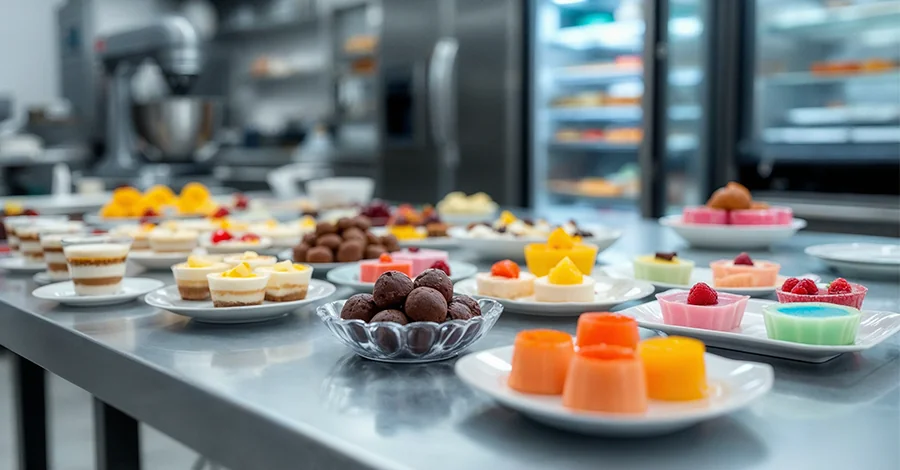 Mesa de trabajo en cocina industrial con postres fríos listos para venta, acompañada de batidora, vitrina refrigerada y refrigerador industrial, en un ambiente limpio, ordenado y fresco.